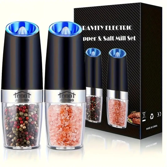 2PCS Gravity Electric Salt & Pepper Grinder Set – Automatic Adjustable Coarse Mill with LED Light