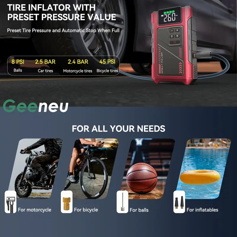 4000A Portable Wireless Car Jump Starter with Air Compressor & USB Power Bank