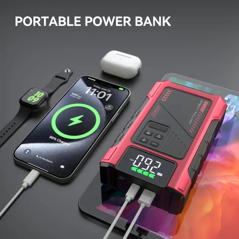 4000A Portable Wireless Car Jump Starter with Air Compressor & USB Power Bank