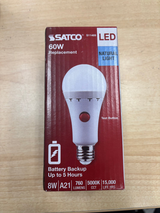 Satco S11469 LED Battery Backup Light Bulb – 9.5W 2700K A19 Emergency Bulb (Up to 5 Hours Runtime)