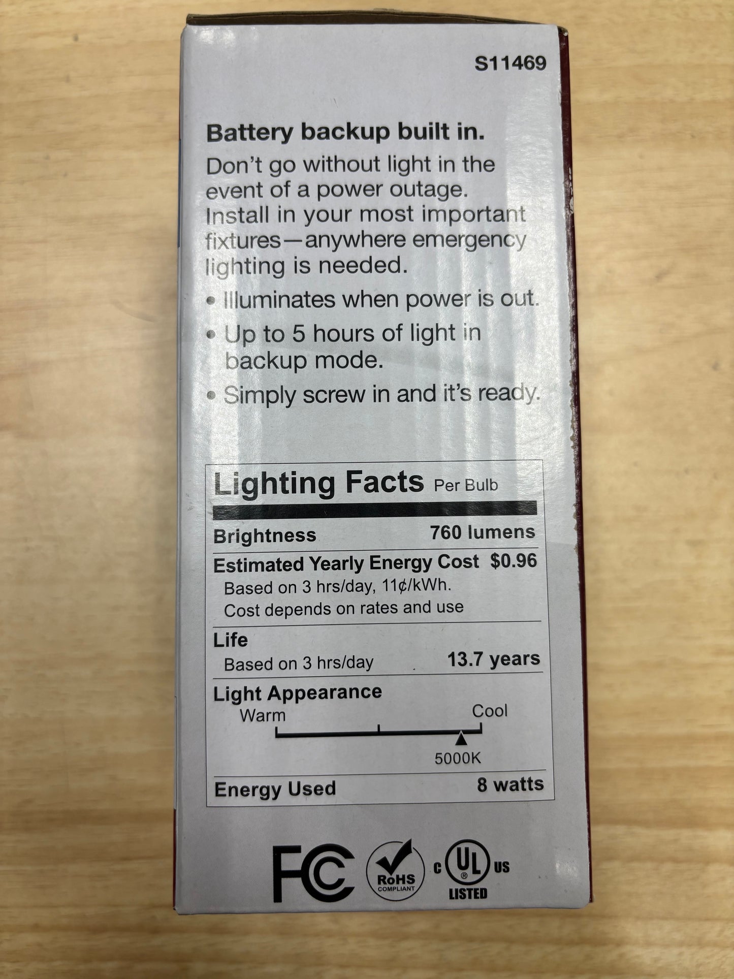 Satco S11469 LED Battery Backup Light Bulb – 9.5W 2700K A19 Emergency Bulb (Up to 5 Hours Runtime)