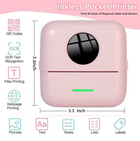 HD Inkless Pocket Printer & Sticker Maker with 3 Rolls Thermal Paper
