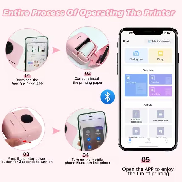 HD Inkless Pocket Printer & Sticker Maker with 3 Rolls Thermal Paper
