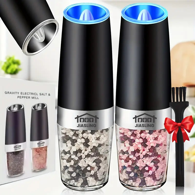 2PCS Gravity Electric Salt & Pepper Grinder Set – Automatic Adjustable Coarse Mill with LED Light