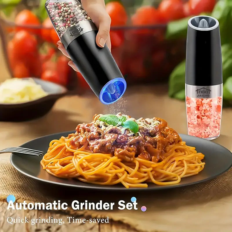 2PCS Gravity Electric Salt & Pepper Grinder Set – Automatic Adjustable Coarse Mill with LED Light