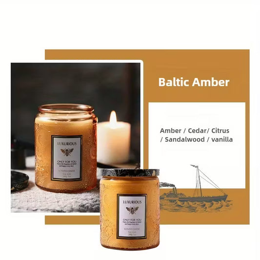 Baltic Amber Large Wood Wick Candle – 40-Hour Burn | Decorative Glass Jar Candle for Relaxation & Gifting